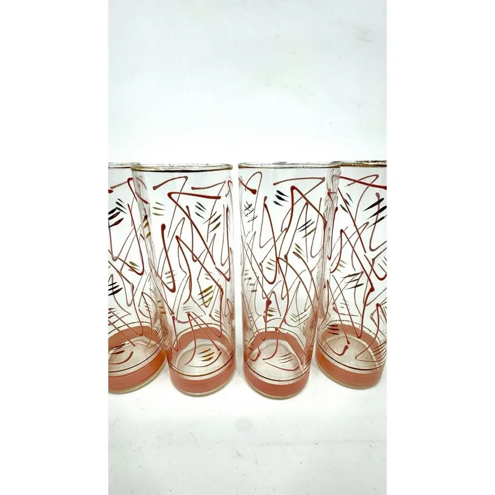 Vintage Zombie Glasses Pink Gold Geometric Shapes MCM Hazel Atlas Set of 4